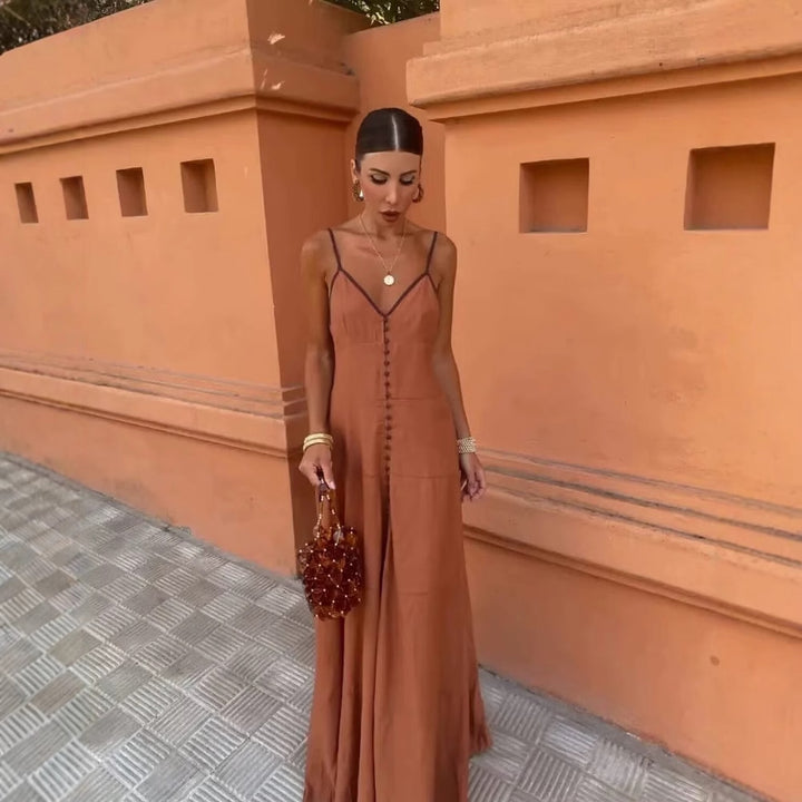 Maxi dress for women with fine button details and a delicate V neck Lune London