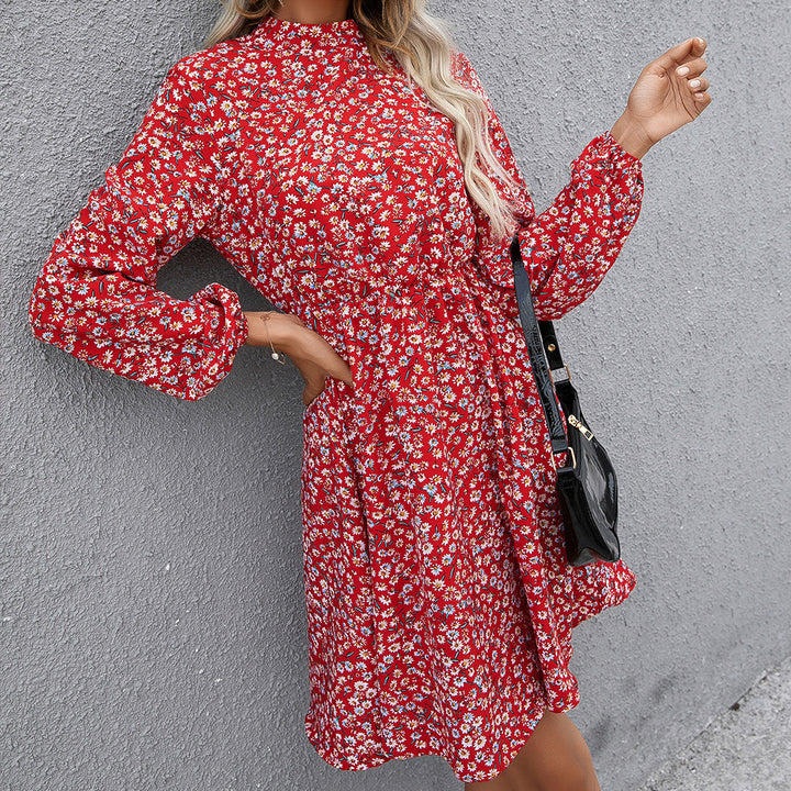 Mid-length floral dress for women with high collar and belt at the waist Lune London