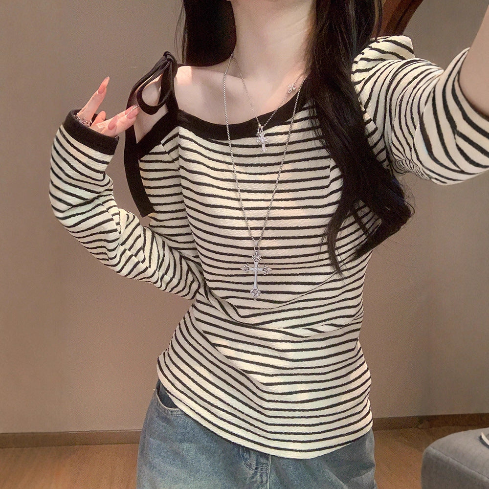 Ladies long sleeve top with off-shoulder design and fashionable stripes Chic & Stil