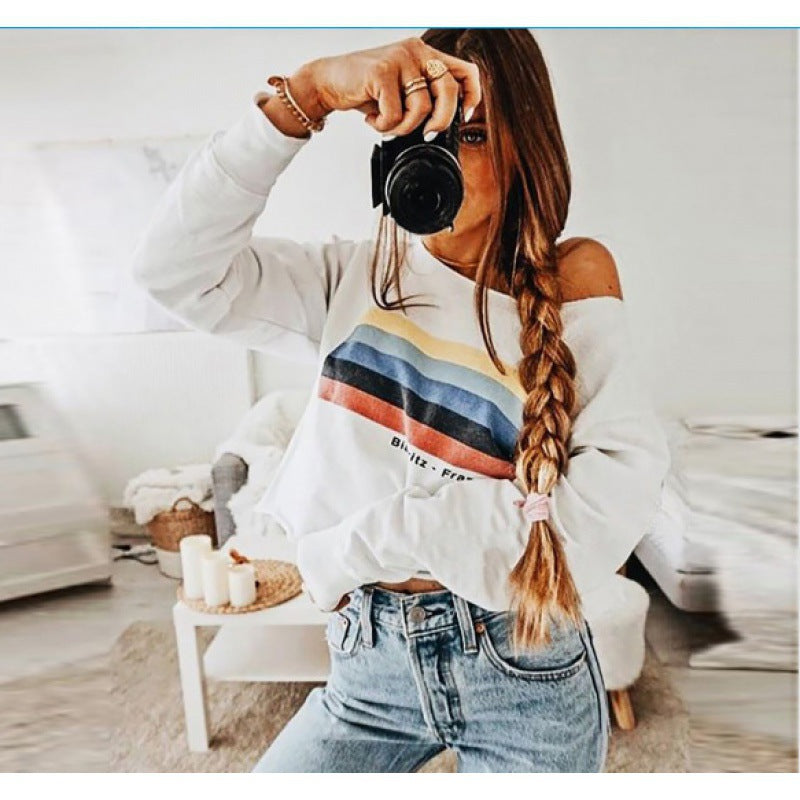 Sweatshirt femme à épaules dénudées avec motif de rayures contrastées Chic & Stil