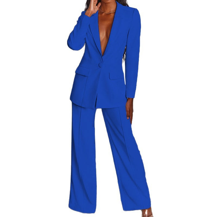 Elegant blazer set for women with plunging V-neck and wide-leg pants Lune London