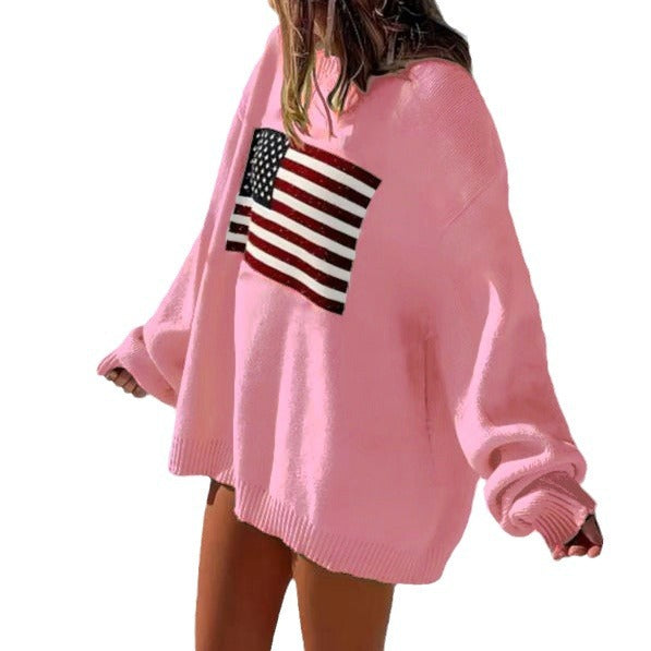 Casual plush sweater for ladies with a large American flag pattern Lune London