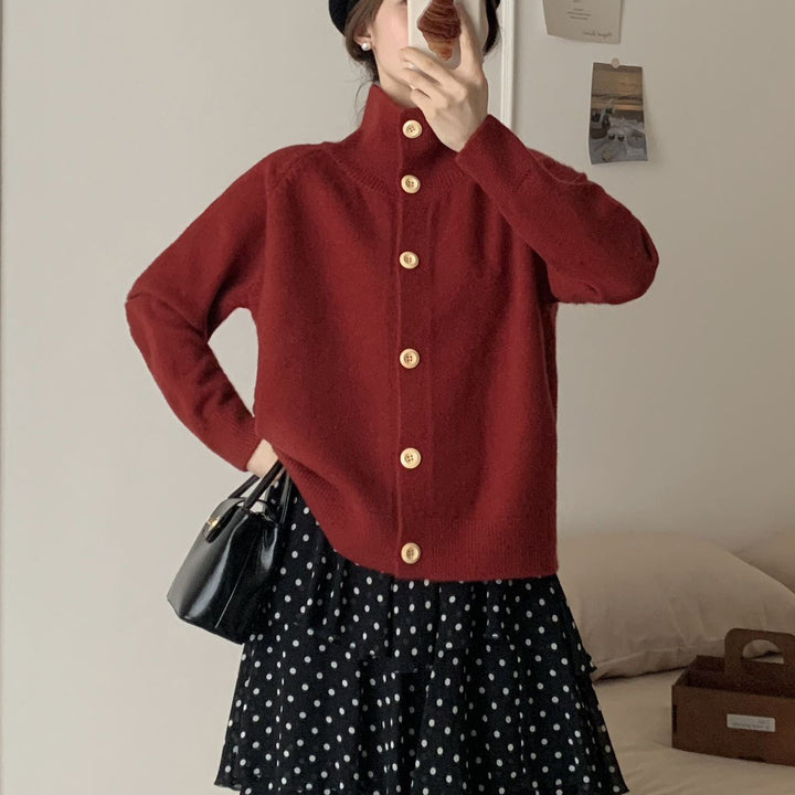 Knit jacket for women with high collar and large buttons Lune London