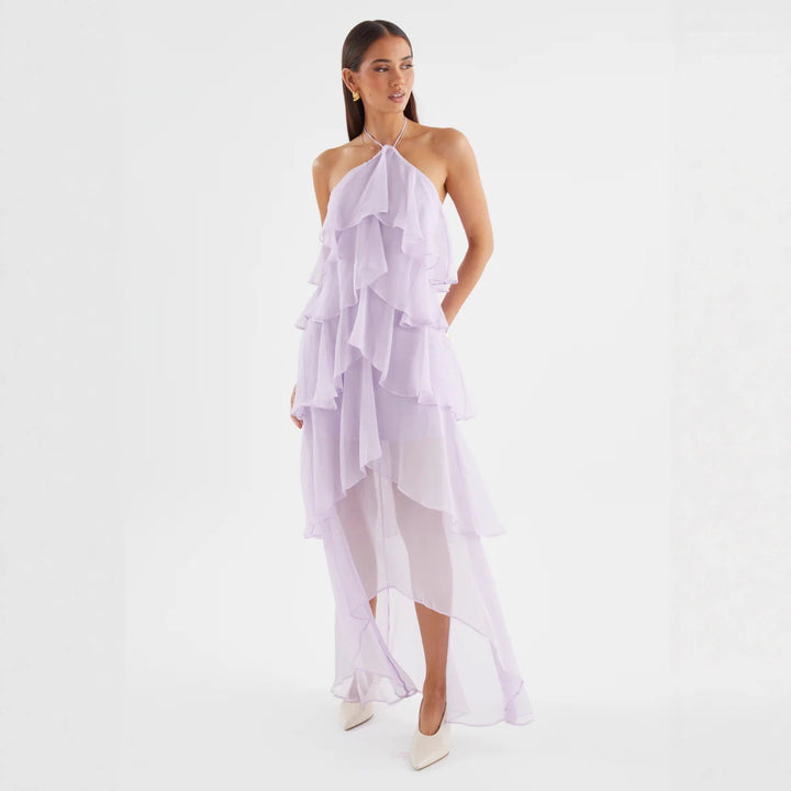 Chic & Stil Women's Airy Maxi Dress with Flowing Ruffles and Chic Halter Neck