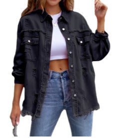 Ladies stylish overshirt jacket with fringed hem Lune London