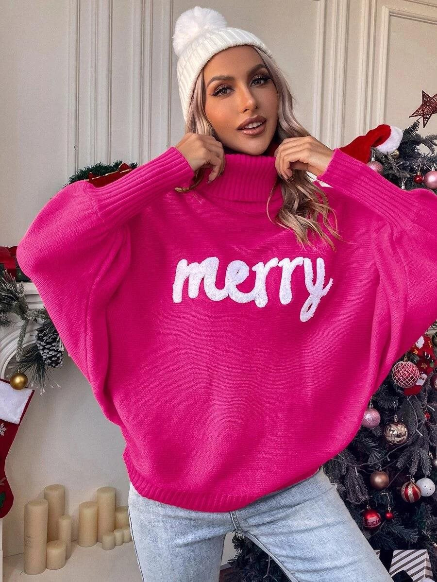 Oversized turtleneck sweater for women with festive inscription Lune London