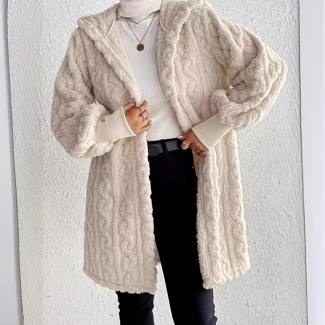 Women’s hooded coat in soft plush material with textured design Lune London