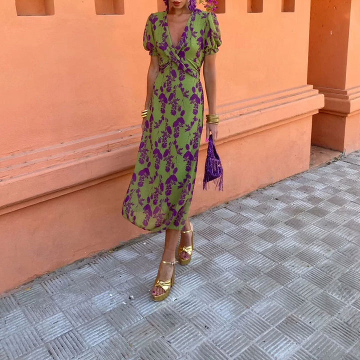Robe maxi pour femmes avec décolleté en V profond et motif diamant artistique Chic & Stil