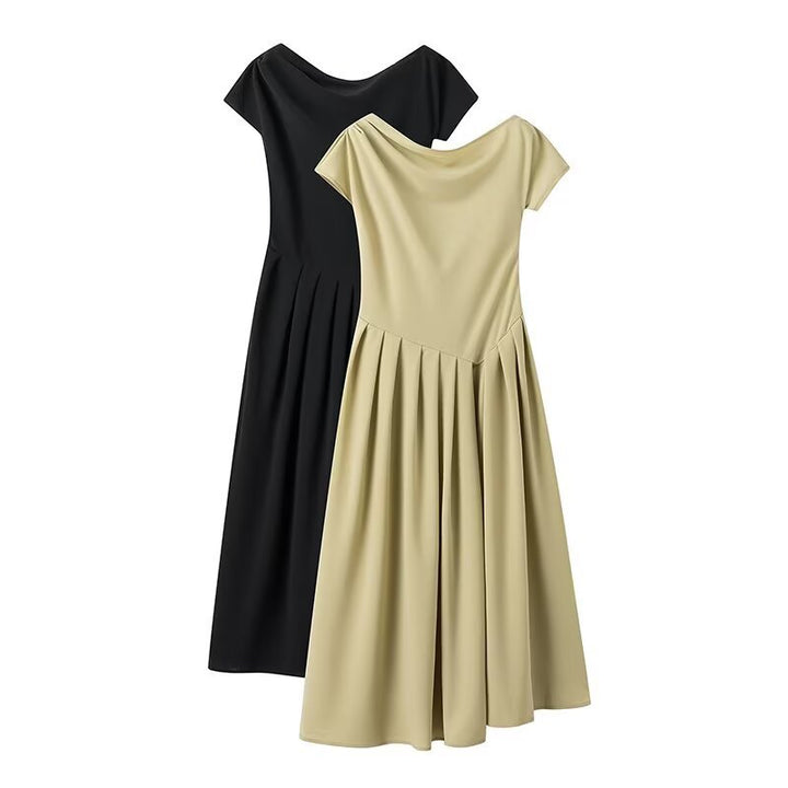 Midi dress for women with elegant pleated skirt and raw edge neckline Lune London