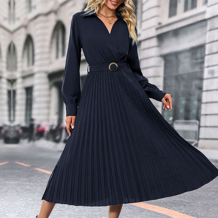 Lune London | Women's Pleated Midi Dress with Elegant Wrap Look and Waist Belt