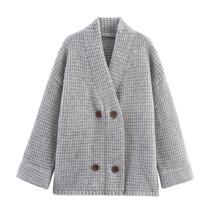 Knitted jacket for women with double-breasted and high collar Lune London