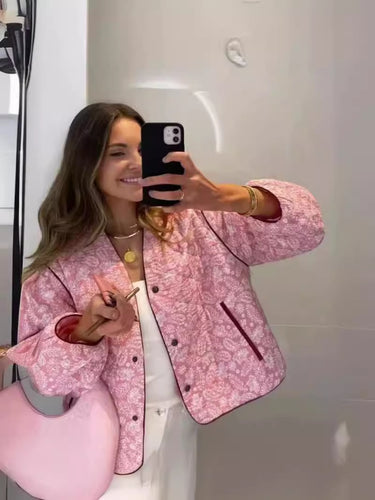 Quilted fall jacket for women with a unique floral pattern and practical pockets Lune London