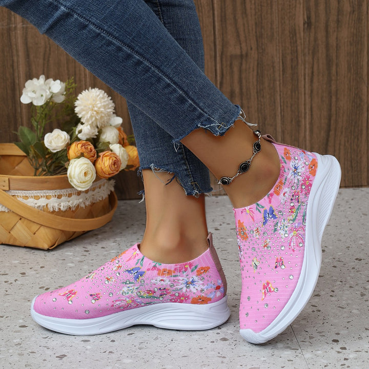 Women's Comfortable Slip-On Sneakers with Fashionable Floral Embroidery and Chic Rhinestone Details