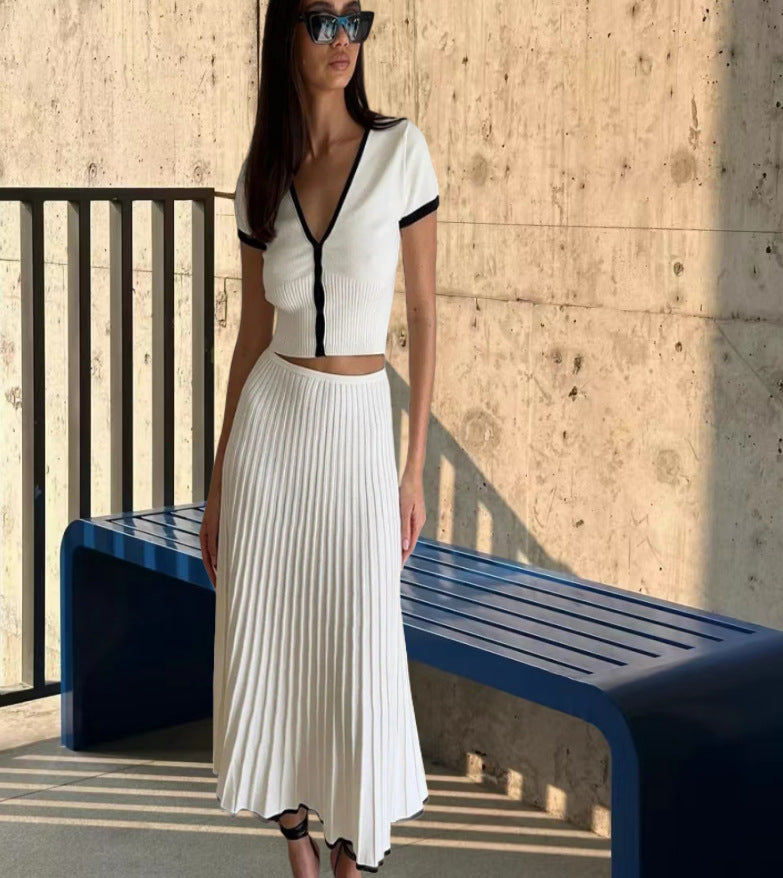 Lune London ribbed knit top and pleated skirt set for women