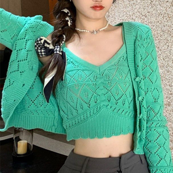 Knitted tank top for women with air points and matching cardigan Lune London