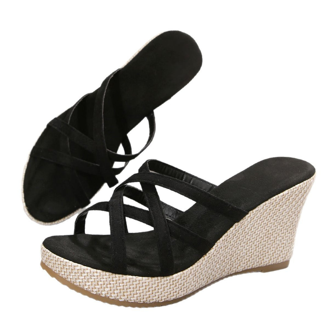 Wedge heeled sandals for women with a refined crossed strap design and Lune London insole comfort