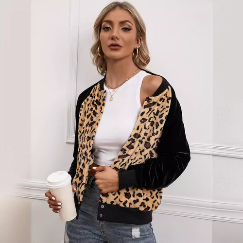Elegant ladies bomber jacket with leopard print and velvet inserts Lune London