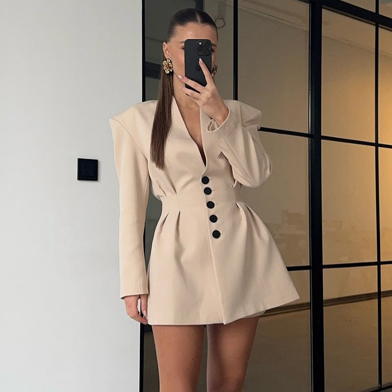 Trendy blazer dress for women with structured shoulders and deep V-neck Lune London