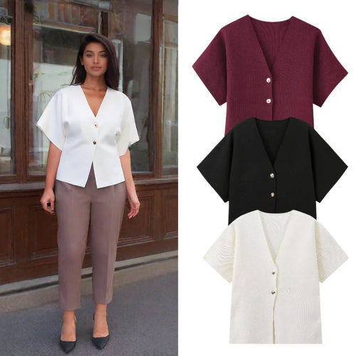 Short sleeved women's jacket with V-neck and decorative buttons Lune London