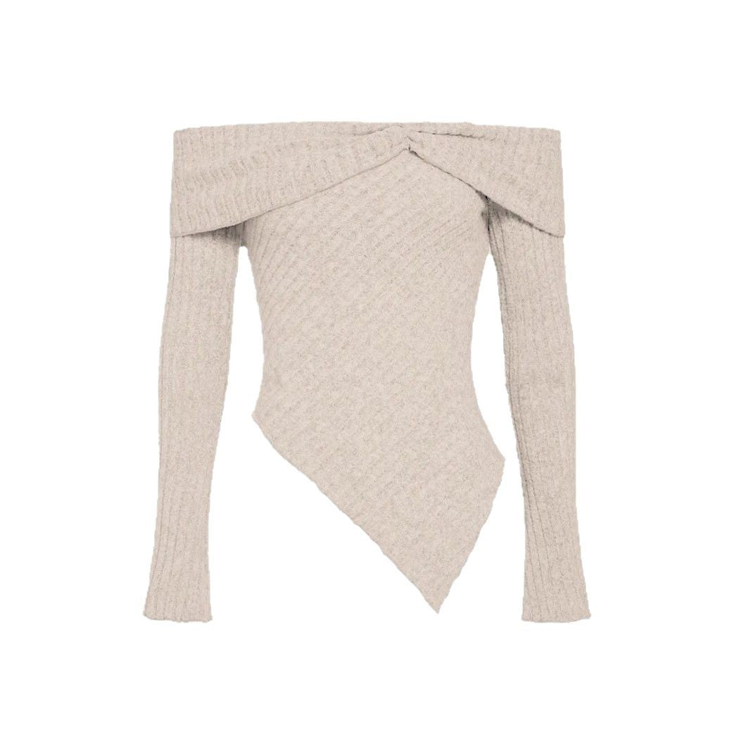Women's ribbed knit top with Bardot neckline and Lune London decoration