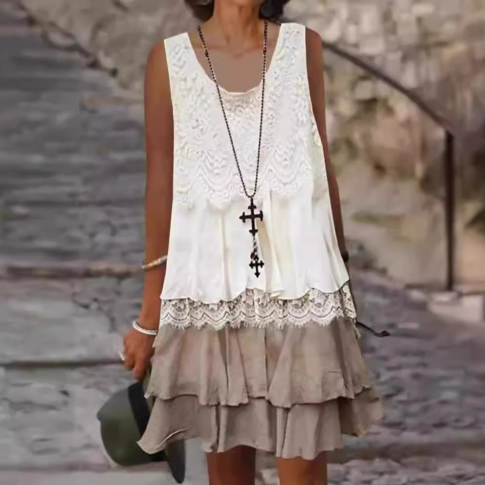 Fluid chiffon dress for women with lace accents and relaxed fit Lune London