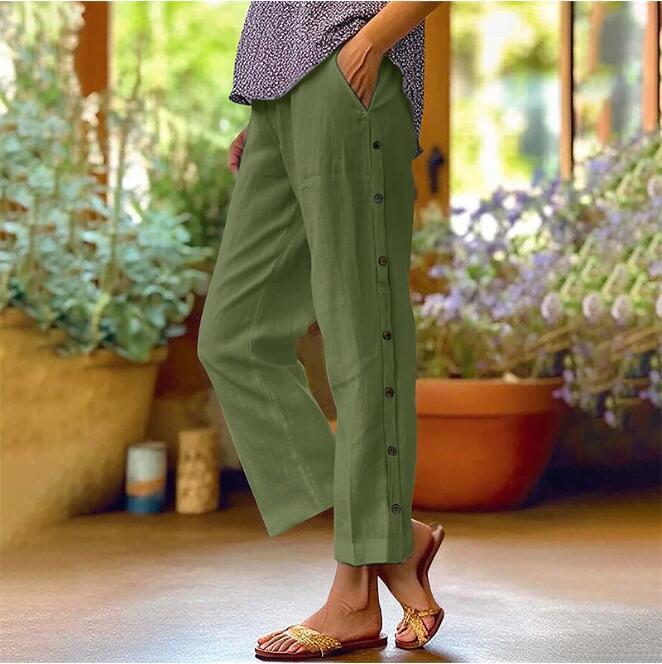 Linen pants for women with side button details and relaxed fit Lune London