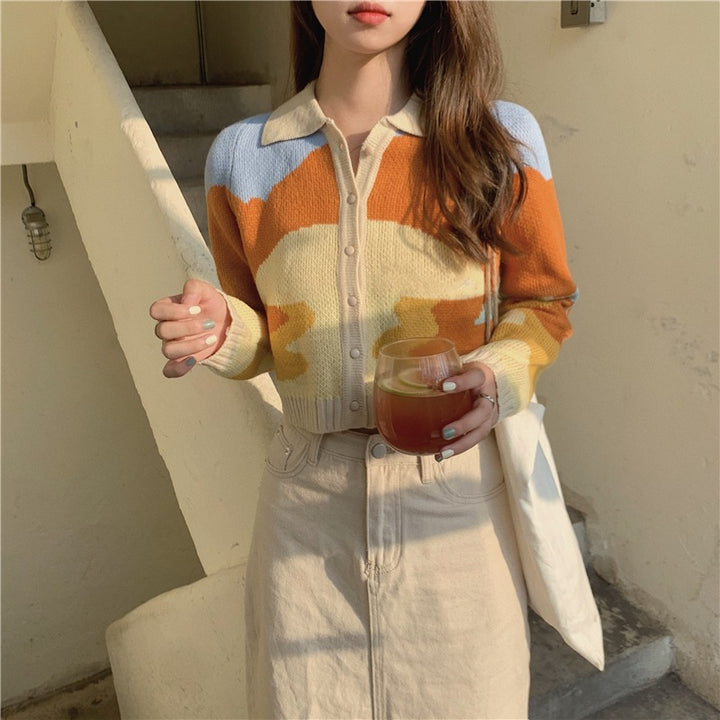 Fashionable knitted jacket for women with a creative color gradient and chic collar
