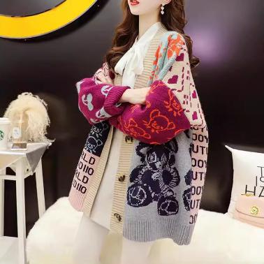 Knitted jacket for women with a vibrant pattern and practical button details Lune London
