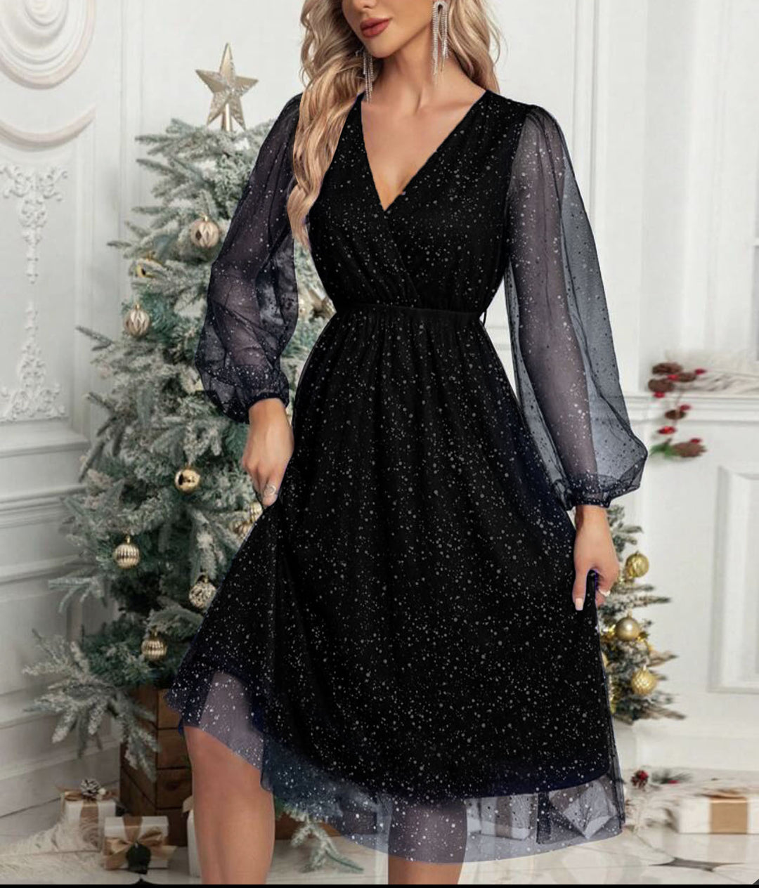 Glamorous midi dress for women with transparent puff sleeves and a sparkling sequin pattern Lune London
