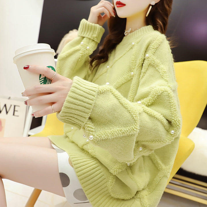 Sweat à col rond oversize pour femmes avec motif structuré et décorations en perles Chic & Stil