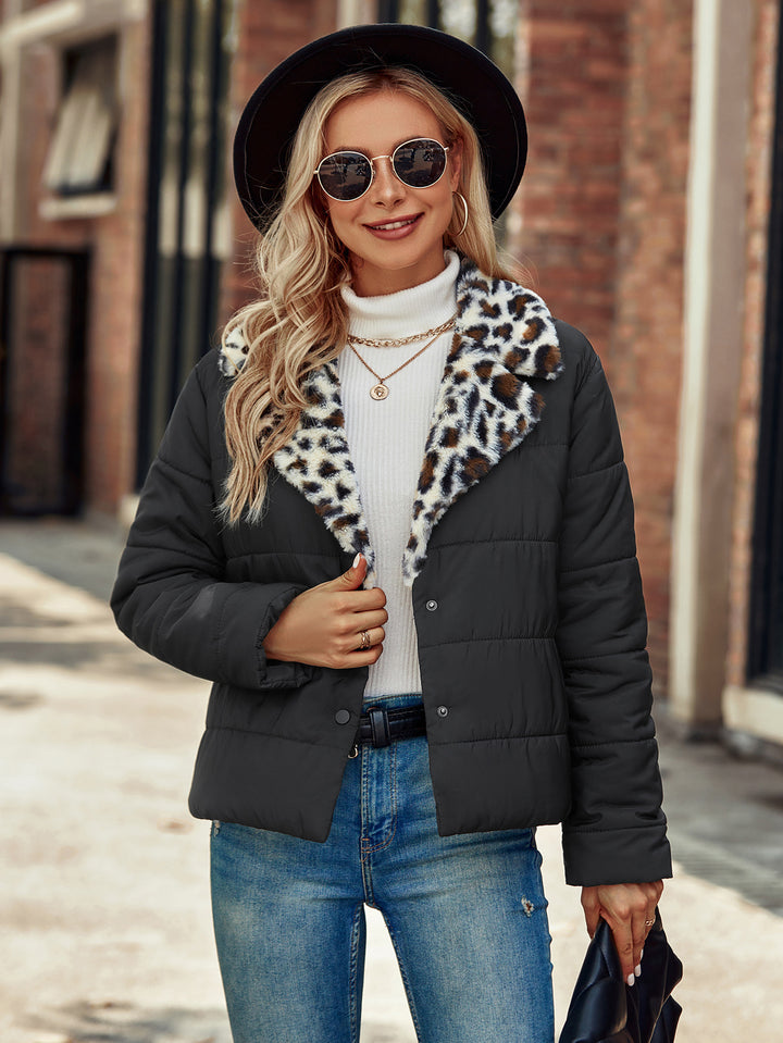 Ladies Fashion Quilted Jacket with Leopard Collar Lune London