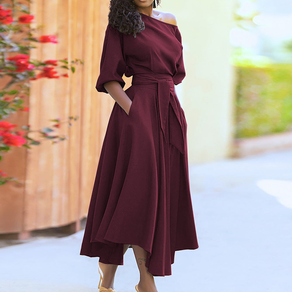 Robe Maxi Élégante pour Femmes avec Design Hors-Épaule et Ceinture Chic & Stil