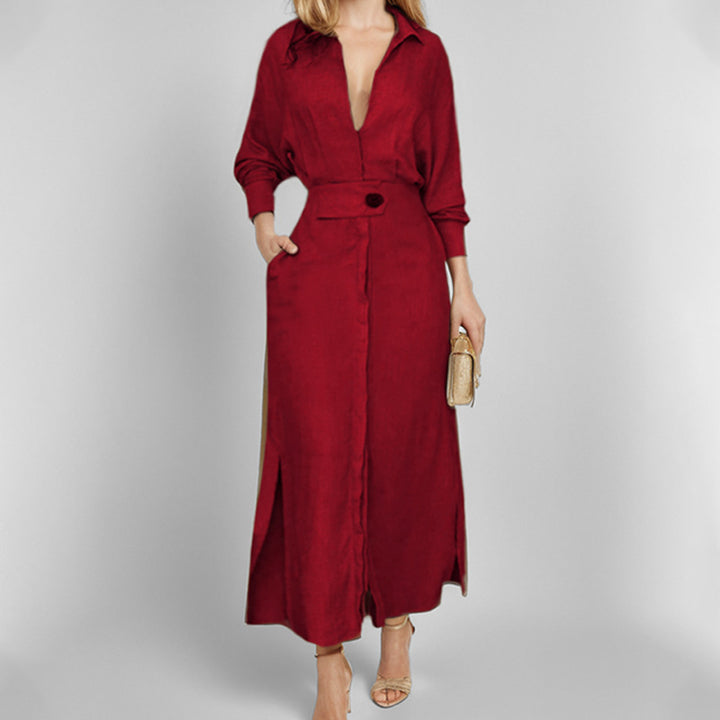 Maxi dress for women with elegant V-neckline and side slit Lune London