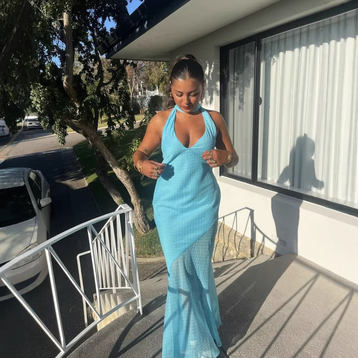Maxi dress for women with a refined back and elegant ruffles Lune London
