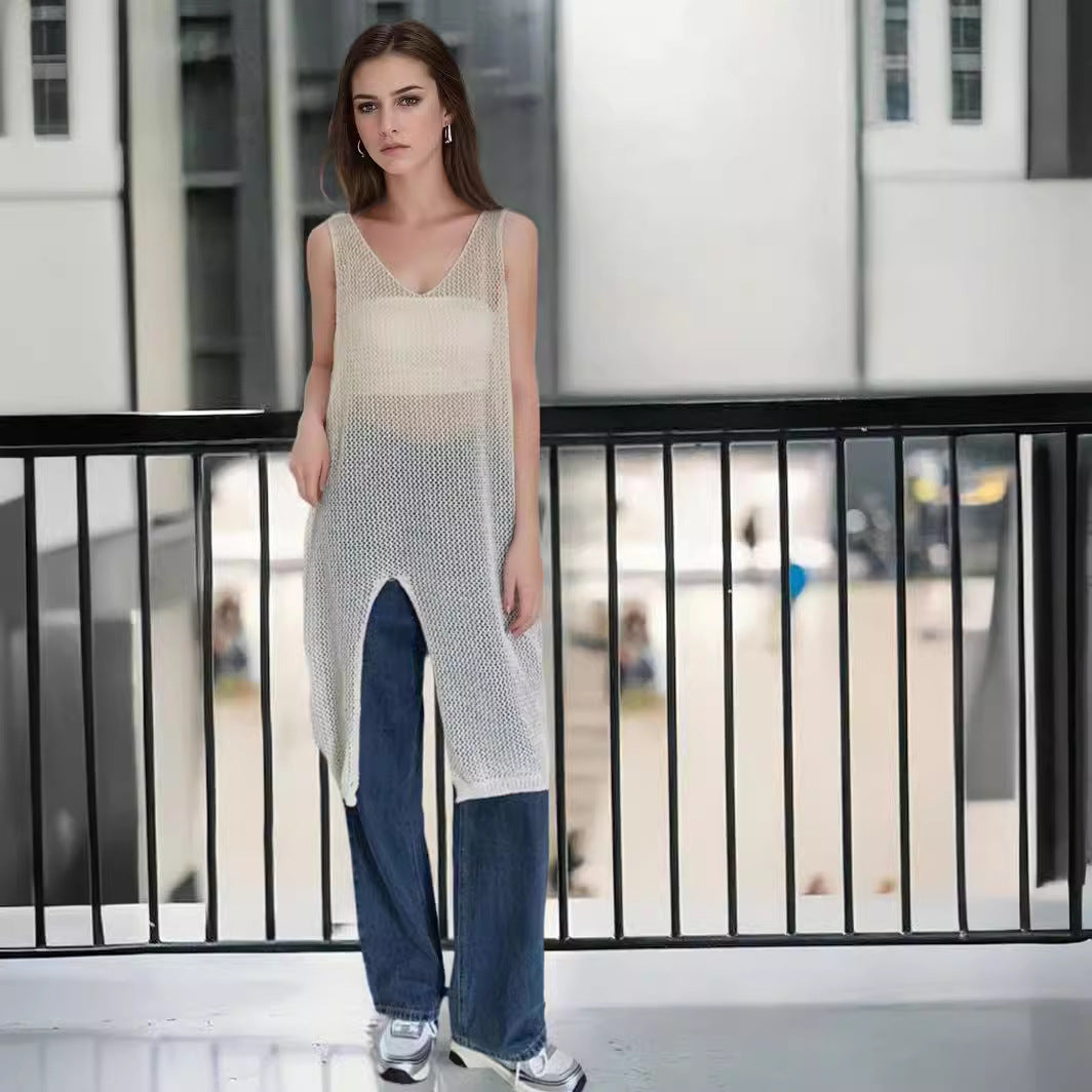 Airy knit dress for women with side slits and modern V-neck Lune London