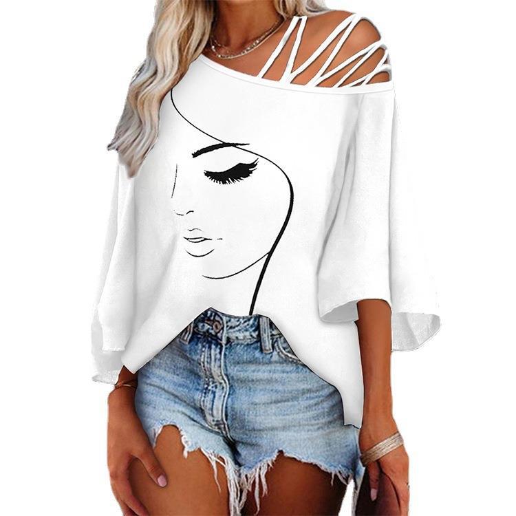 Women's tunic with asymmetric strap design and stylized face graphic Lune London
