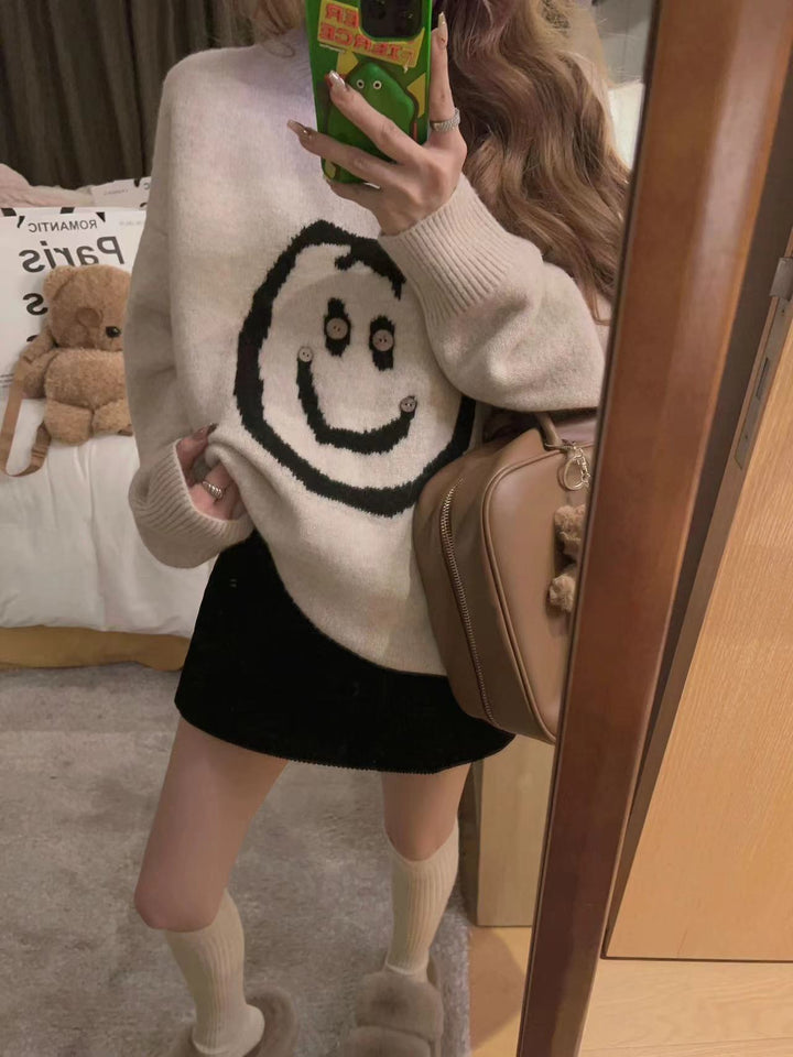 Casual knit sweater for women with happy Smiley pattern and modern cut Lune London