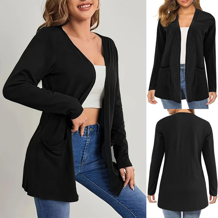 Ladies Long Sleeve Cardigan with Practical Pockets and Open Cut Lune London