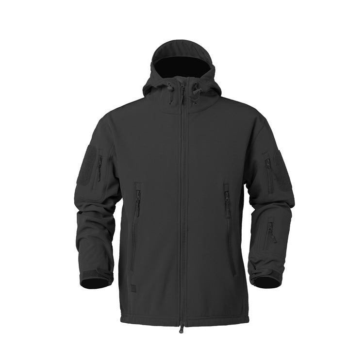 Tactical softshell jacket for men with numerous zipped pockets and an adjustable hood collar Lune London