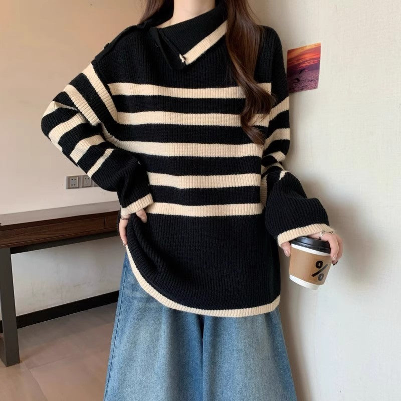 Pull en tricot élégant pour femme avec col asymétrique et motif rayé Chic & Stil