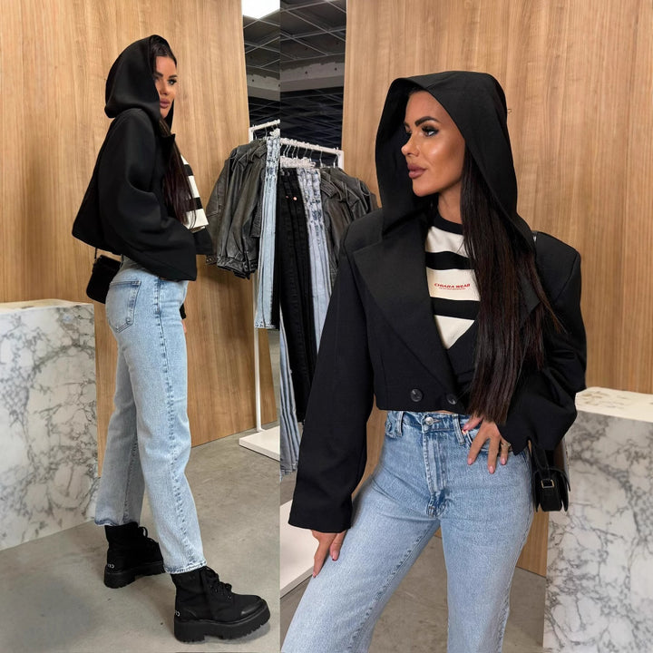 Ladies fashionable jacket with hood and double-breasted Lune London