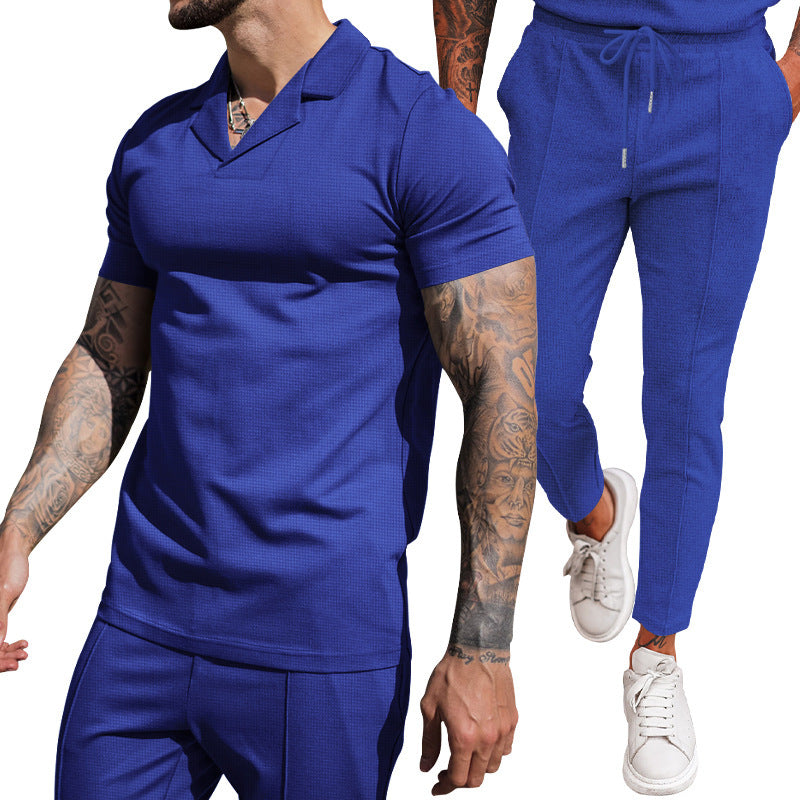 Elegant men's short sleeve polo with textured design and matching slim-fit trousers Lune London