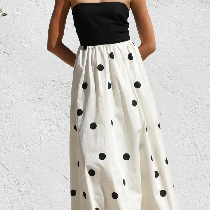 Maxi dress for women with strapless top and playful polka dot pattern Lune London