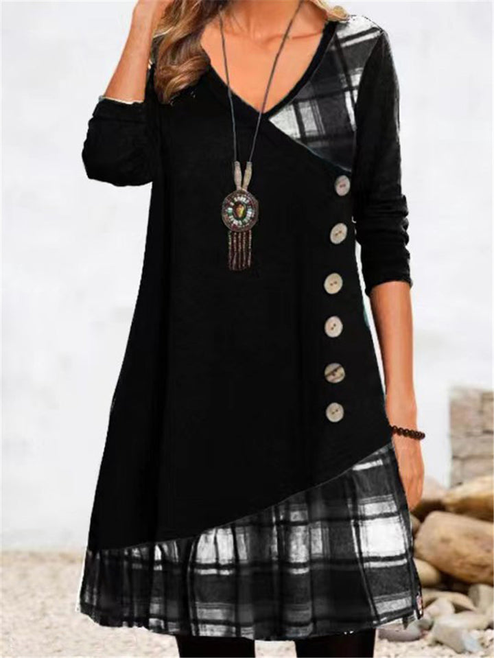 Asymmetrical casual dress for women with checkered hem and button detail Lune London