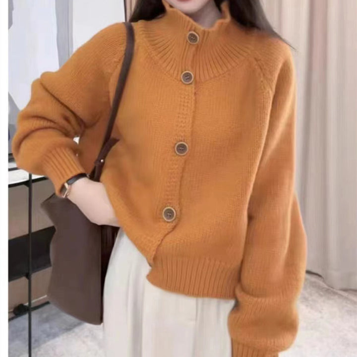 Comfortable cardigan for women with high collar and decorative buttons Lune London