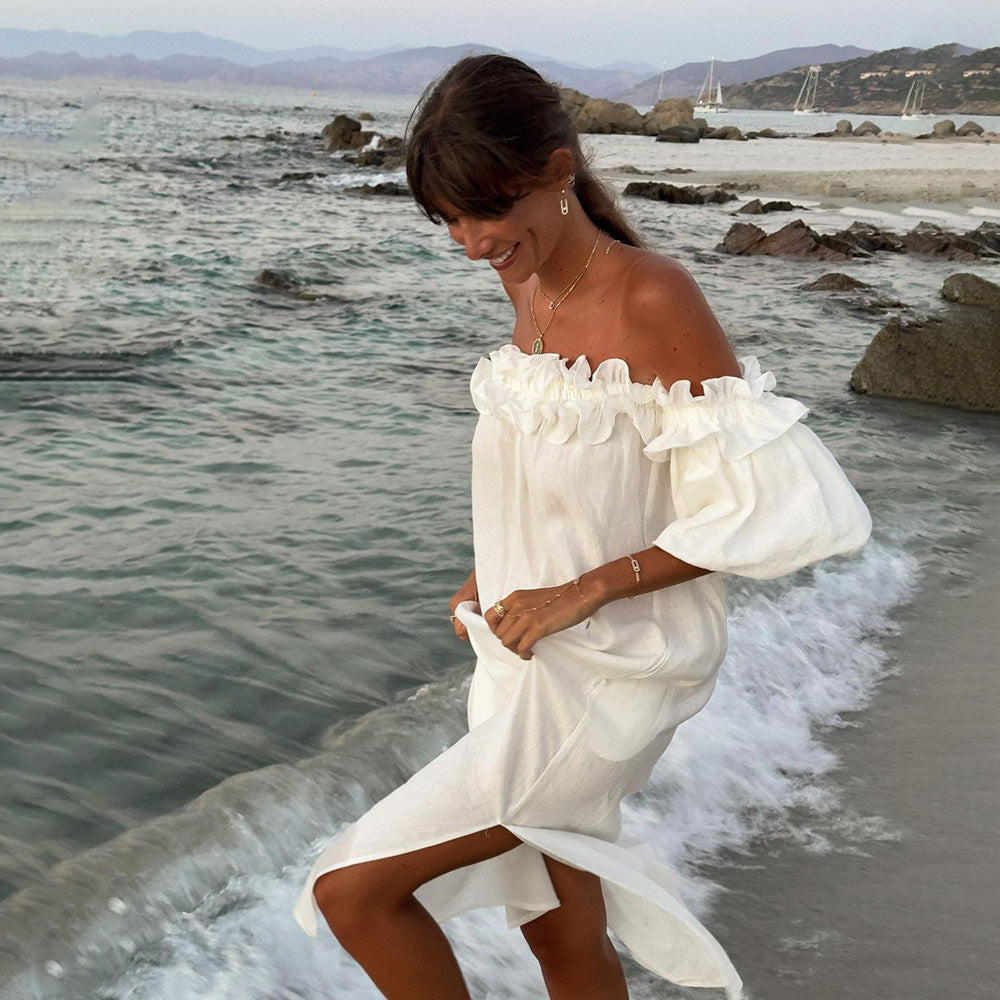 Summer maxi dress for women with ruffle details and a high slit Lune London