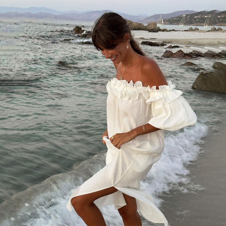 Summer maxi dress for women with ruffle details and a high slit Lune London