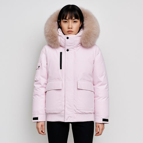 Winter coat for women with bulky faux fur collar and functional pockets Lune London