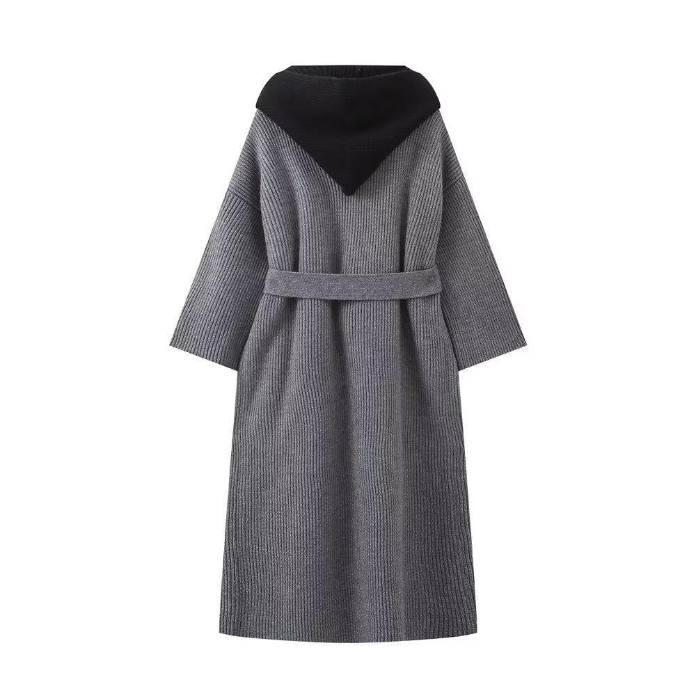 Ladies long casual cardigan with tie waist belt and double layer collar Lune London
