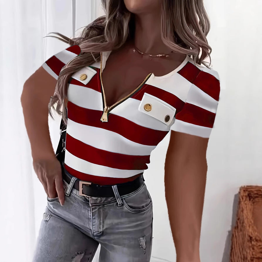 Women Short Sleeve Top with Zipper and Pockets Lune London